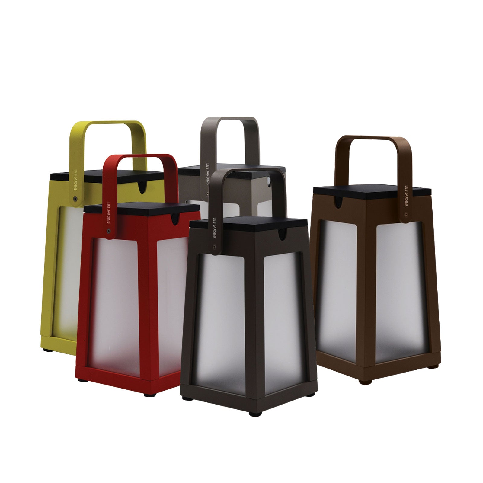 A group of Tinka lantern in red, citrus, graphite, corten, taupe color